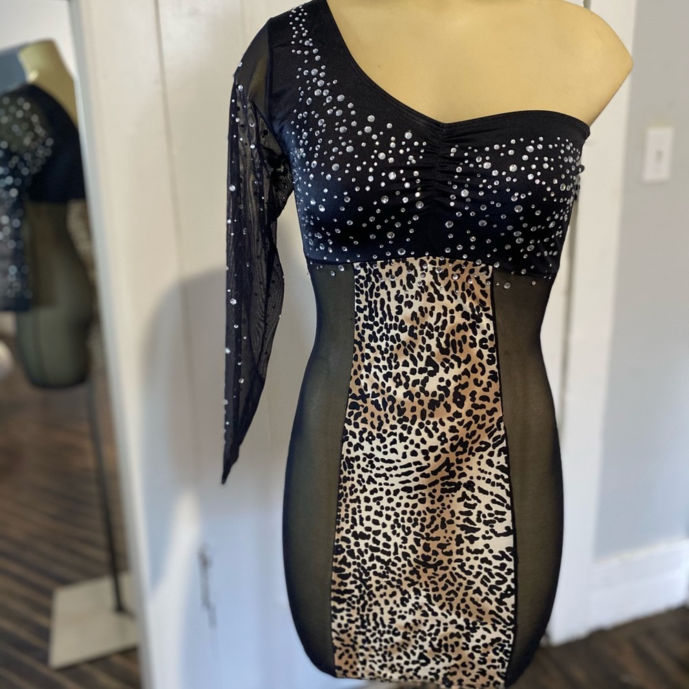 Custom rhinestone dress, one sleeve, mesh sides,